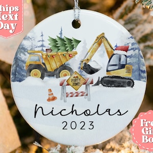 Kids Christmas Construction Truck Name Ornament - Personalized Christmas 2024 Kids Ornament - Custom Name and Year Boys Ornament OR-0463