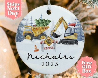 Kids Christmas Construction Truck Name Ornament - Personalized Christmas 2023 Kids Ornament - Custom Name and Year Boys Ornament OR-0463