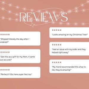 May include: A pink background with white text that reads "REVIEWS". There are five white boxes with five-star ratings and customer reviews. The reviews are: "Shipped literally the day after I ordered!" "Looks amazing on my Christmas Tree!" "Got this as a gift for my Mom, it came out so cute!" "Had an issue with my order and they helped right away" "Perfect!!!! Got here super fast too" "My friend recommended this shop to me, they're amazing!"