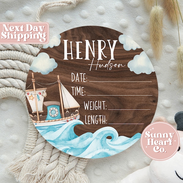 Sailboat Baby Boy Birth Announcement Stat Sign - Newborn Sailing, Nautical Round Name Sign - Personalized Wooden Birth Stat Sign Gift BS-475