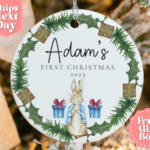 Baby&#39;s First Christmas Name Ornament - Personalized First Christmas Peter Rabbit Ornament - Custom Baby Boy Animal Ornament OR-0096