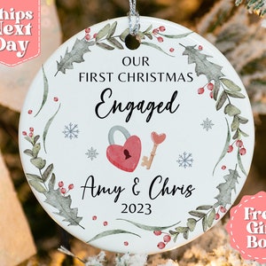 Personalised First Christmas Engaged Bauble - Custom 1st Xmas Engaged Lock and Key Design Ornament - Christmas Engaged 2024 OR-0253