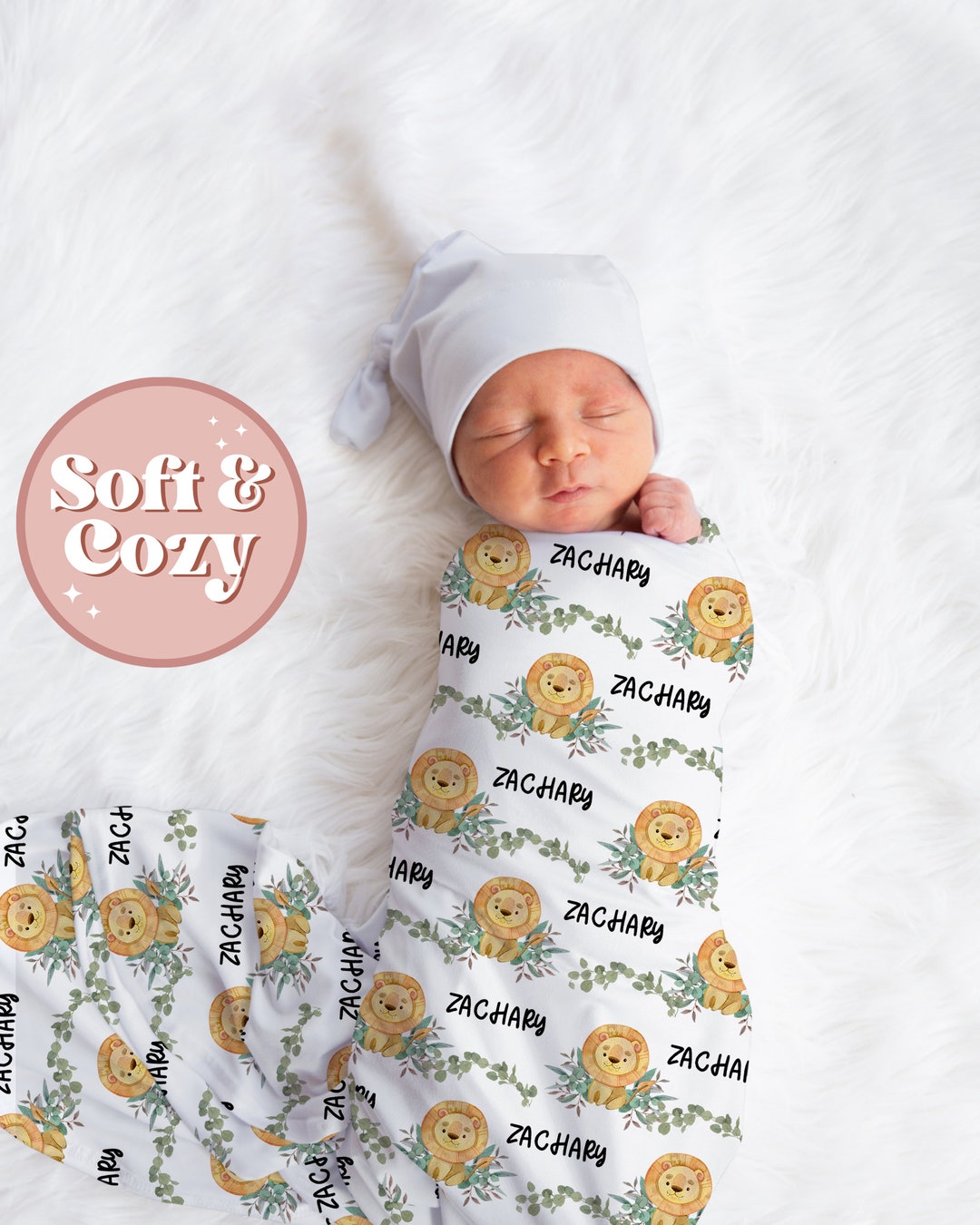 Lion Swaddle Set, Safari Swaddle Blanket, Personalized Baby Blanket