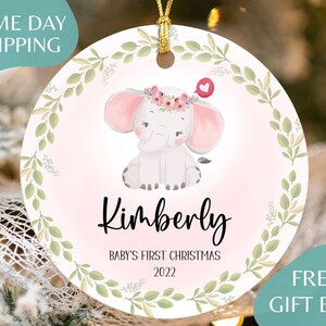 Baby&#39;s First Christmas Elephant Ornament for Girl - Custom Elephant Baby Christmas Gift for New Baby - 1st Ornament with Name 2024 R-104