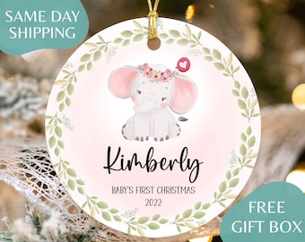 Baby's First Christmas Elephant Ornament for Girl - Custom Elephant Baby Christmas Gift for New Baby - 1st Ornament with Name 2024 R-104