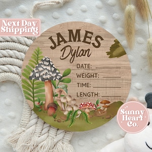 Mushroom Baby Girl Birth Announcement Stat Sign - Newborn Cottagecore Round Name Sign - Personalized Wooden Birth Stat Sign Gift BS-343