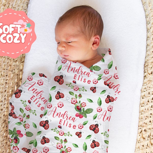 Ladybug Baby Girl Swaddle - Baby Swaddle With Name for Newborn - Ladybug Nursery Theme - Baby Wrap S-262