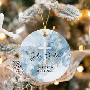 Personalized Baptism Ornament - Name + Date Custom Baptized Ornament - Blue Watercolor Christened Ornament Keepsake K-038 image 3