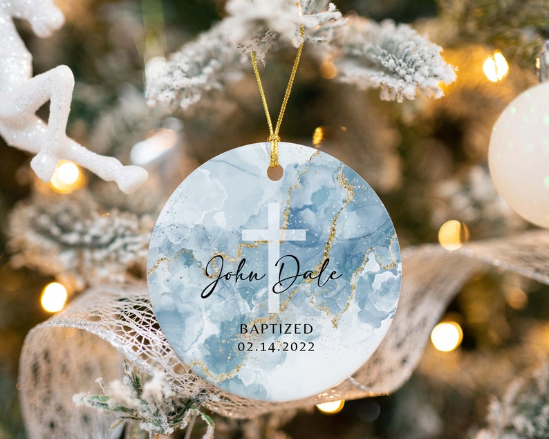Personalized Baptism Ornament - Name + Date Custom Baptized Ornament - Blue Watercolor Christened Ornament Keepsake K-038 image 3