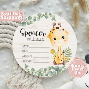 Personalized Round Wood Birth Stat Sign Giraffe Nursery Room Decor - Giraffe Theme Birth Announcement - Baby Room Decor BS-005