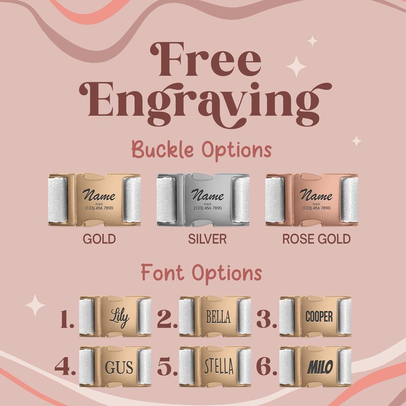 a collection of personalized buckle options, each with a unique name engraved on it. The buckle options include gold, silver, rose gold, and various other font options such as "Lily", "Bella", "Cooper", "Gus", "Stella", and "Milo".