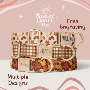 May include: Three personalized dog collars with autumn-themed patterns. The collars feature names like "Bailey," "Maddie," and "Will" engraved on the buckles. Designs include leaves, acorns, and plaid. The image also includes the text "Free Engraving."