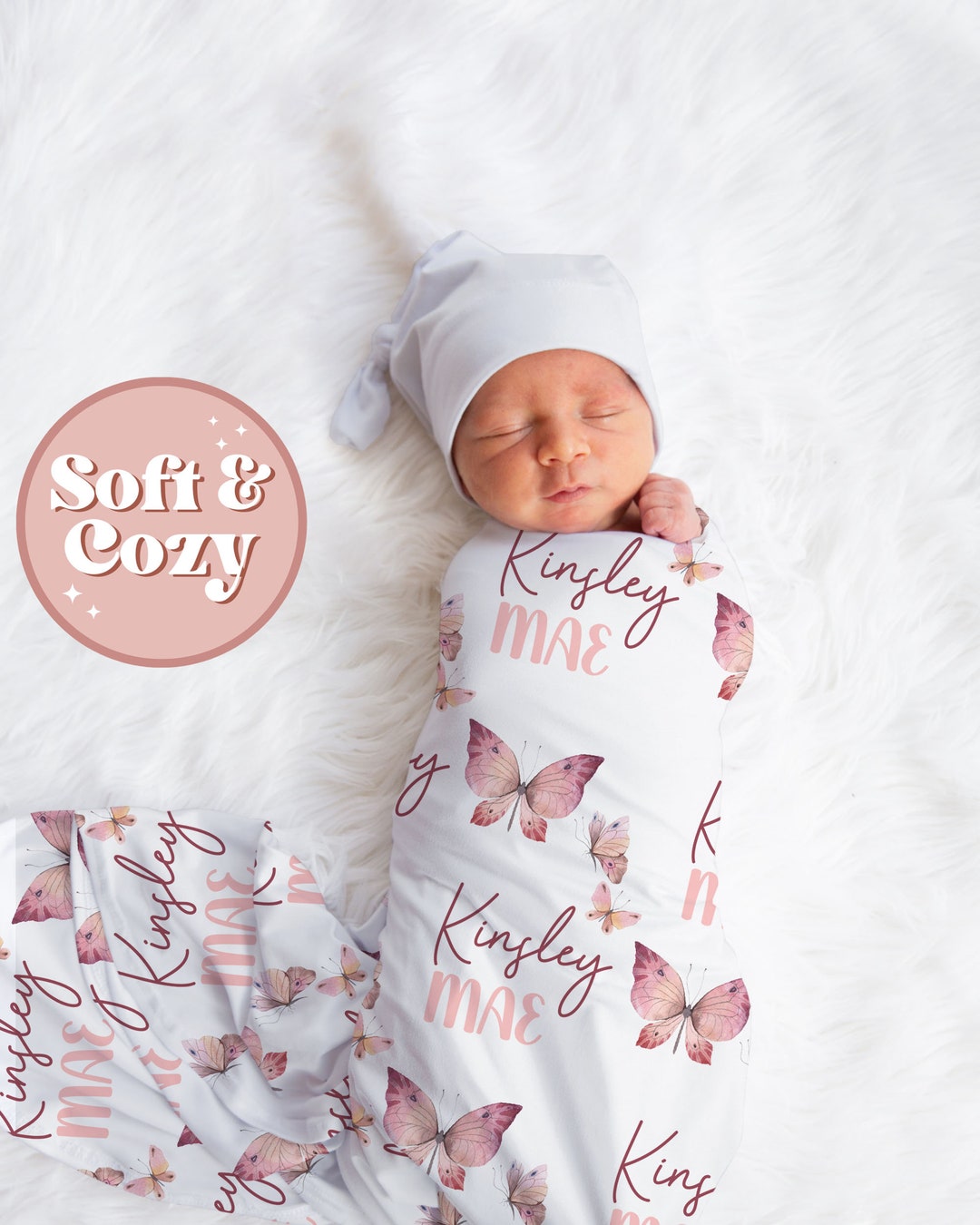 Butterfly Swaddle Set, Pink Rose Gold Butterfly Swaddle Blanket