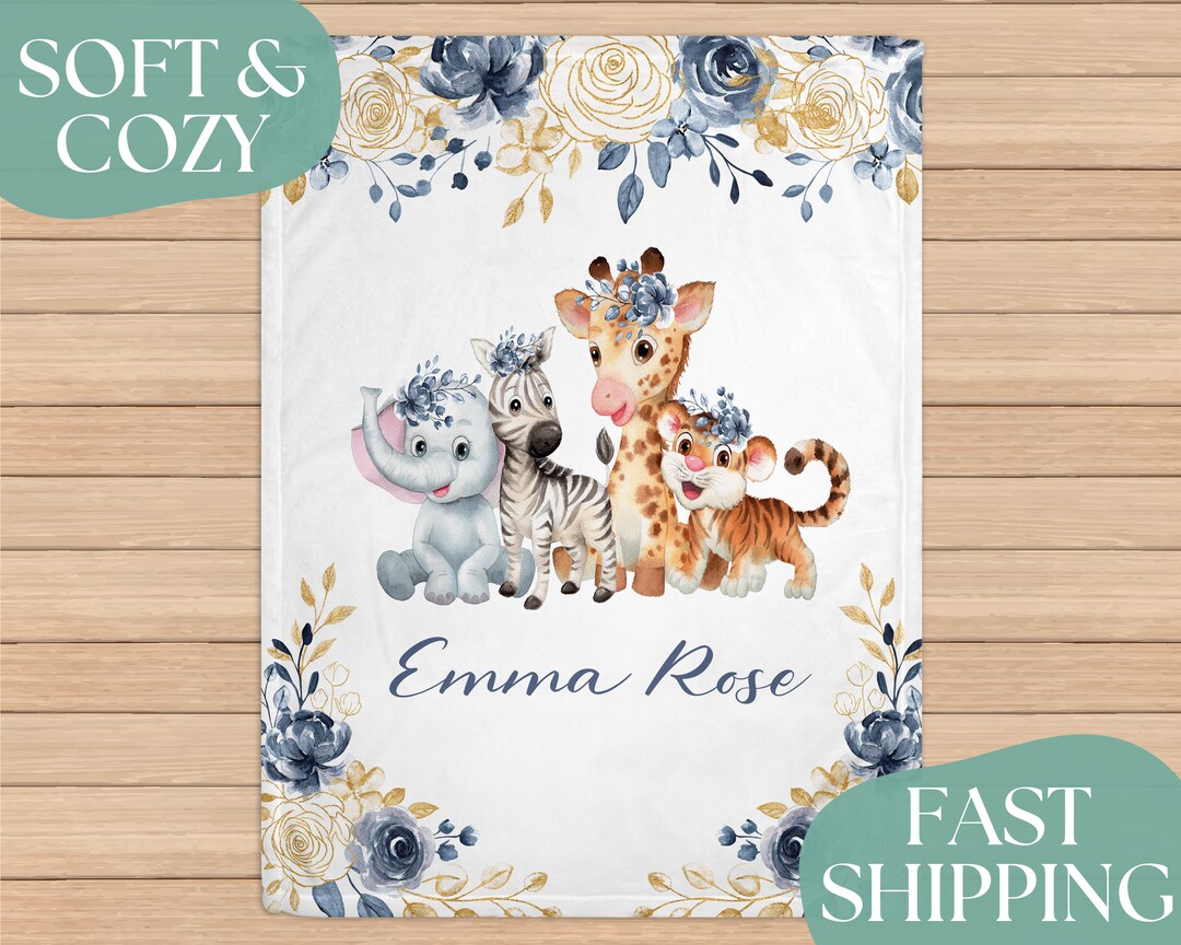 Boho Blue Gold Safari Animals Baby Blanket, Safari Nursery, Giraffe ...