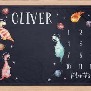 Baby Milestone Blanket, Space Month Blanket, Space Dinosaur Baby Growth Tracker, Outer Space Nursery Blanket, Dinosaur Nursery RB-276