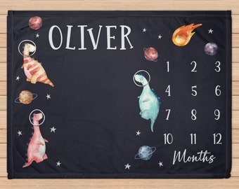 Baby Milestone Blanket, Space Month Blanket, Space Dinosaur Baby Growth Tracker, Outer Space Nursery Blanket, Dinosaur Nursery RB-276