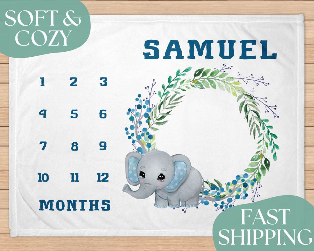 Blue Elephant Baby Milestone Blanket Boy Personalized Baby Etsy