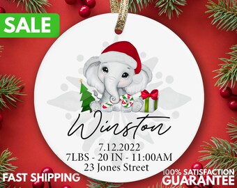 Baby’s First Christmas Ornament - Personalized Elephant First Christmas Ornament - Custom Baby Stats Ornament - Baby Ornament K-139