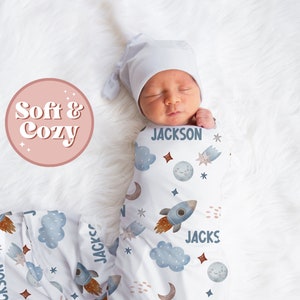 Customized Space Rocket Ship Baby Boy Outer Space Swaddle Blanket Gift Idea, Baby Swaddle For Baby Boy, Newborn Baby Name Swaddle S-037