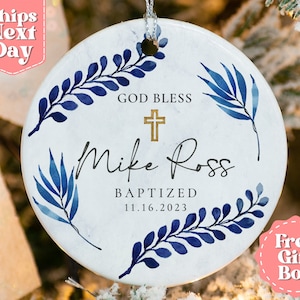 Personalized Christening Boys Ornament - Name + Date Custom Baptism Ornament - Floral Christened Ornament Keepsake OR-0310
