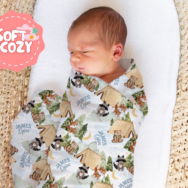 Camping Baby Boy, Girl Swaddle - Camping Swaddle With Name for Newborn - Outdoor Camping Nursery Theme - Baby Wrap S-373