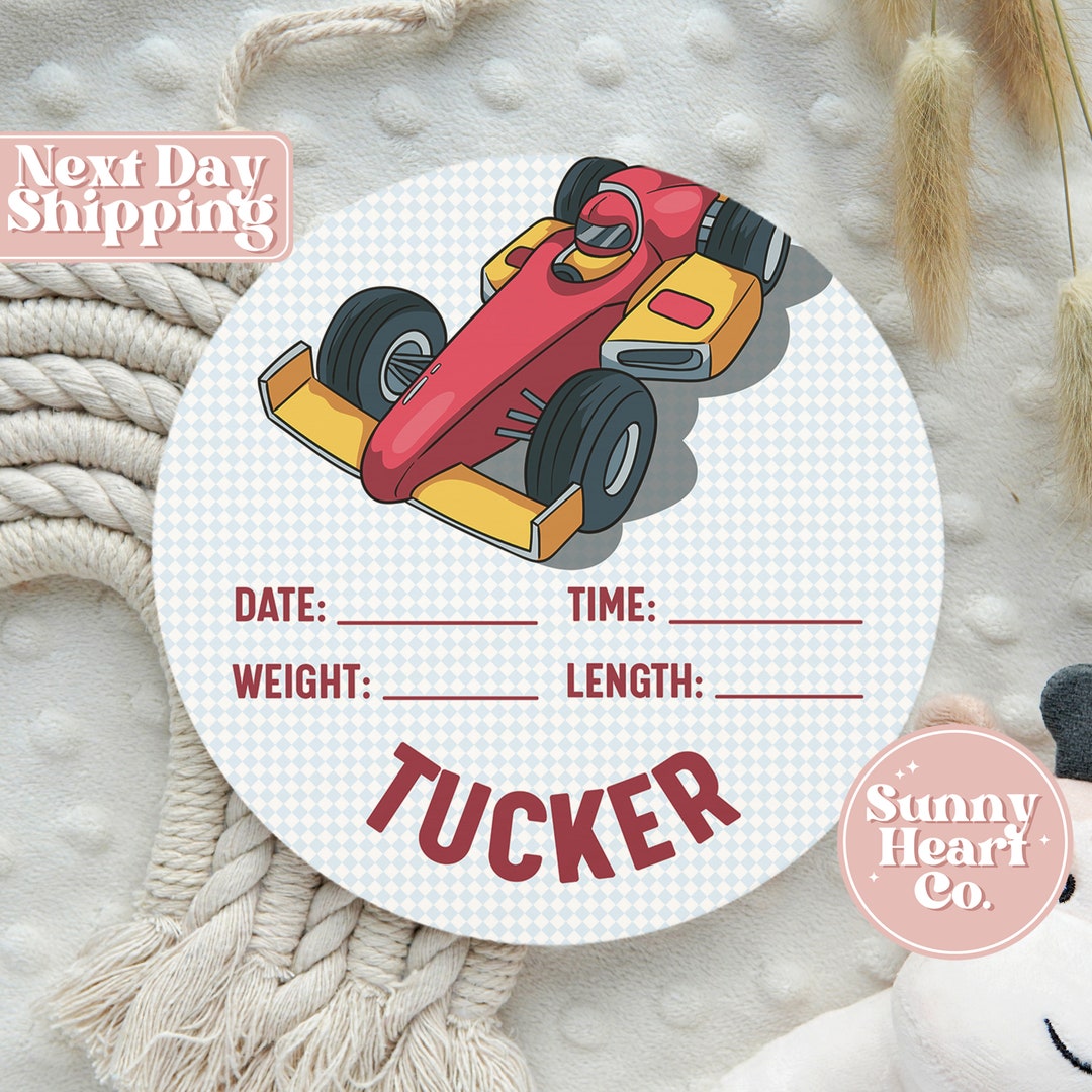 Personalized Racecar Round Wood Baby Birth Stat Sign Nursery Decor