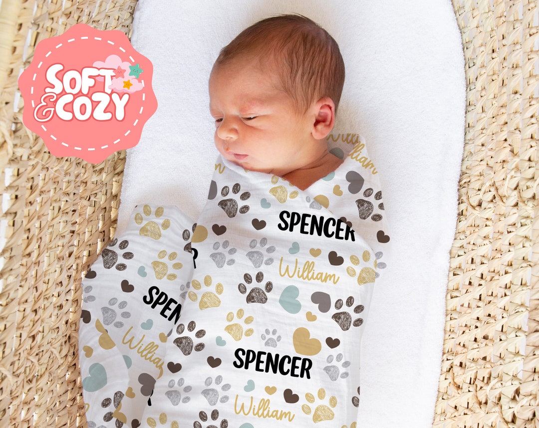 Dog Paw Prints Baby Boy, Girl Swaddle Dog Swaddle With Name for Newborn Dog Nursery Theme Baby