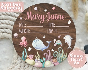 Personalized Sea Animals Round Wood Baby Birth Stat Sign Nursery Decor - Under The Sea Birth Announcement Theme - Baby Name Sign BS-269