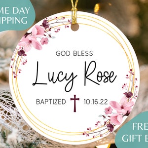 Personalized God Bless Baptism Christmas Ornament for Girl - Baptized Ornament for Girl - Christening Gift for Girl from Godmother R-099