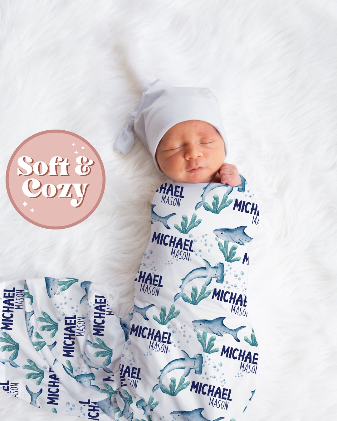 Shark Swaddle Set, Personalized Shark Baby Blanket, Shark Boy Swaddle