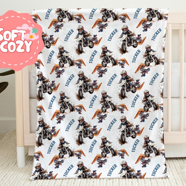 Dirt Bike Baby Boy Blanket - Motorcycle Newborn, Baby Blanket With Name - Dirt Bike Nursery Theme - Boho Baby Blanket S-320