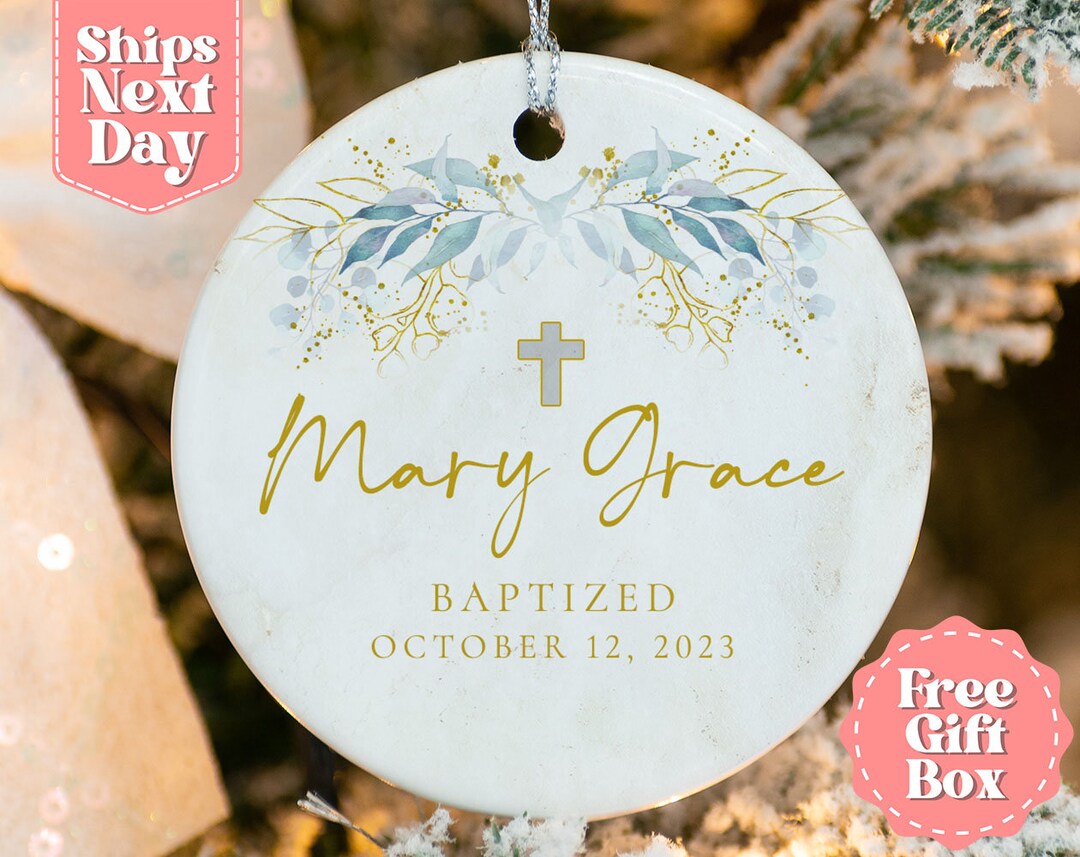 Personalized Christening Ornament Name Date Custom Baptism Ornament Green Botanical Christened