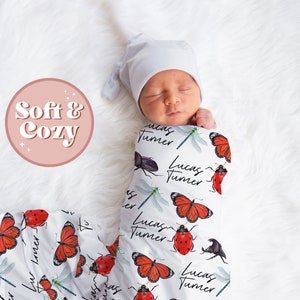 Dragonfly, Ladybug, Butterfly Custom Baby Girl Swaddle - Blanket With Name for Newborn - Hospital Outfit Gift S-115