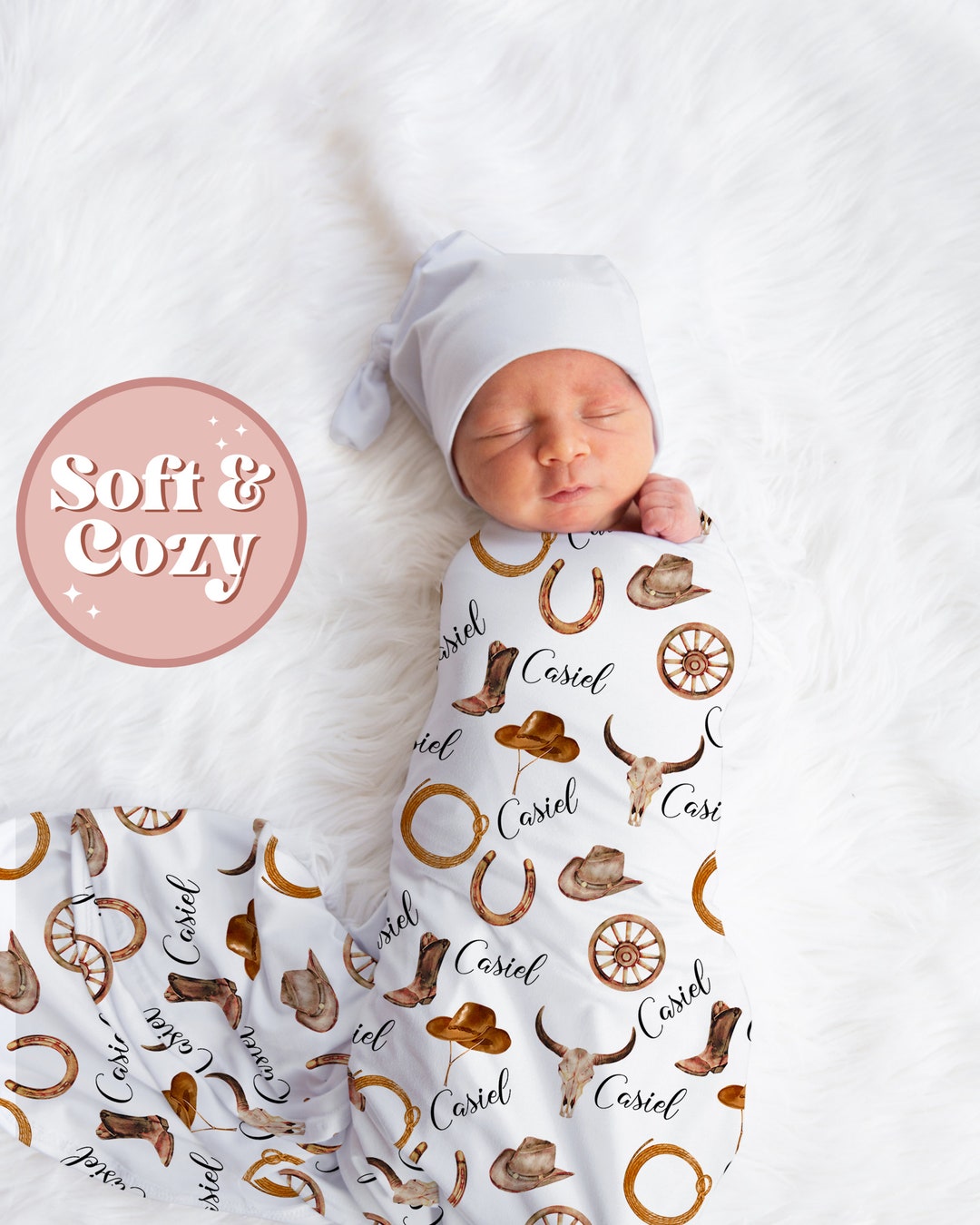 Cowboy Swaddle Blanket Set, Baby Boy Swaddle, Custom Baby Shower Gift