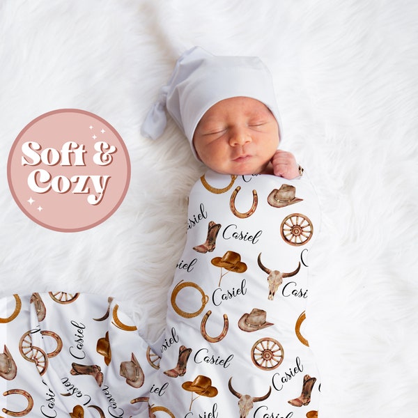 Cowboy Swaddle Blanket Set, Baby Boy Swaddle, Custom Baby Shower Gift Boy Coming Home Outfit, Deer Cattle Cow Ranch S-021