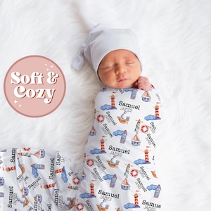 Lighthouse, Ship, Nautical Personalized Swaddle Blanket for Baby Boy - Custom Name Swaddle - New Born Gift S-085