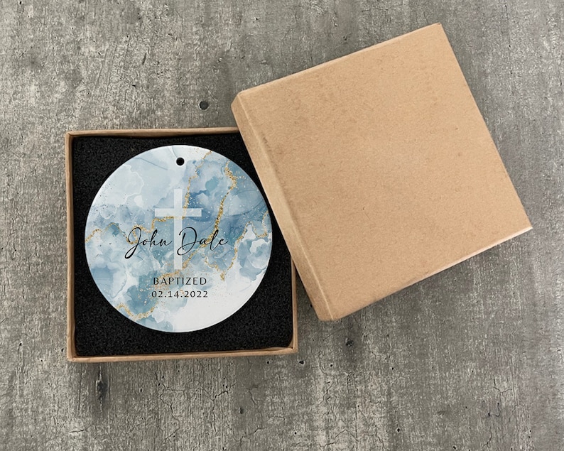 Personalized Baptism Ornament - Name + Date Custom Baptized Ornament - Blue Watercolor Christened Ornament Keepsake K-038 image 5