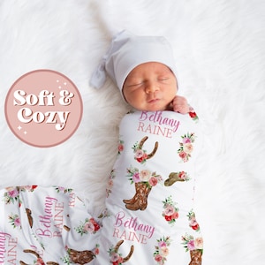 Cowgirl Swaddle Set, Cowgirl Swaddle Baby Blanket, Personalized Swaddle Blanket, Western Floral Baby Blanket S-053