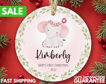 Baby's First Christmas Elephant Ornament for Girl - Custom Elephant Baby Christmas Gift for New Baby - 1st Ornament with Name 2024 R-104