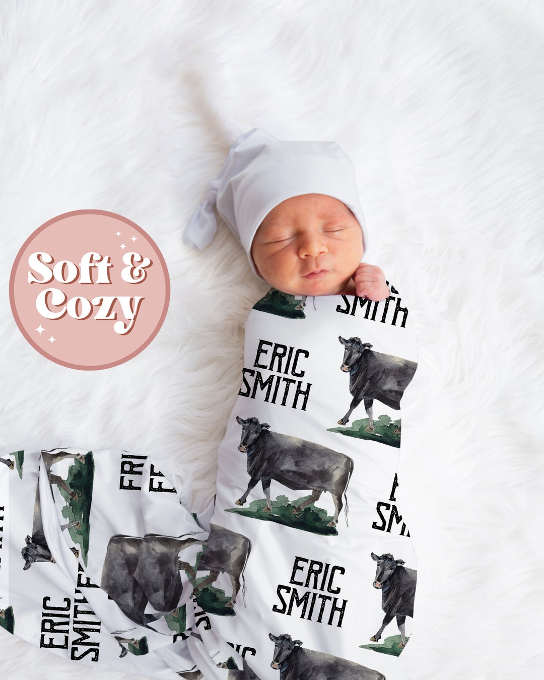 Personalized Angus Cow Baby Name Custom Swaddle Gift Idea for Baby Boy