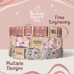 Floral Dog Collar With Custom Name Plate, Adjustable Pet Collar For Dogs, Personalized Metal Buckle Collar, Cute Dog Accessory Gift(Z-94) image 1
