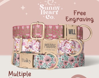 Floral Dog Collar With Custom Name Plate, Adjustable Pet Collar For Dogs, Personalized Metal Buckle Collar, Cute Dog Accessory Gift(Z-94)