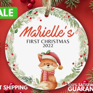 Baby's First Christmas Ornament - Personalized Fox Christmas Keepsake - Custom Baby Boy's First Christmas Gift K-135