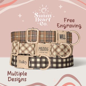 May include: Three dog collars with personalized nameplates. The collars feature plaid and checkered patterns in brown and tan. The nameplates are engraved with names and phone numbers. The image also includes the text "Free Engraving" and "Multiple Designs."