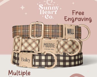 May include: Three dog collars with personalized nameplates. The collars feature plaid and checkered patterns in brown and tan. The nameplates are engraved with names and phone numbers. The image also includes the text "Free Engraving" and "Multiple Designs."