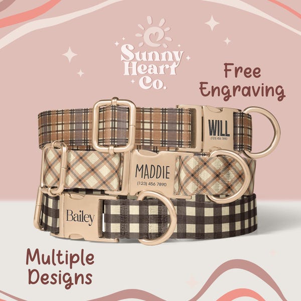 Personalized Dog Collar, Plaid Pet Collar With Custom Name Tag, Adjustable Fabric Collar For Dogs, Unique Pattern Dog Collar For Pets(Z-77)