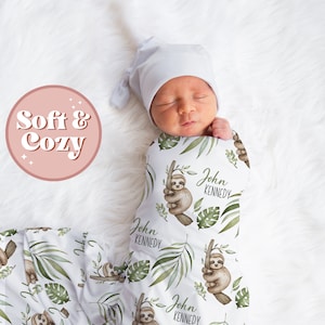 Cute Baby Sloth Custom Boy Name Swaddle Blanket - Personalized Newborn Baby Gifts - Baby Boy Hospital Outfit S-103