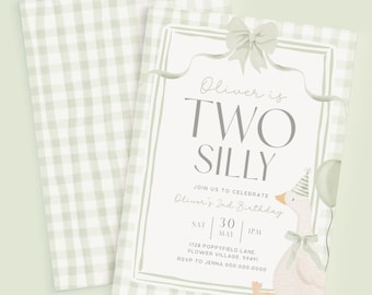 Silly Goose Invitation Two Editable Two Silly Goose Invite Gender Neutral 2nd Birthday Sage Green Gingham Second Party Coquette Bow Theme G8