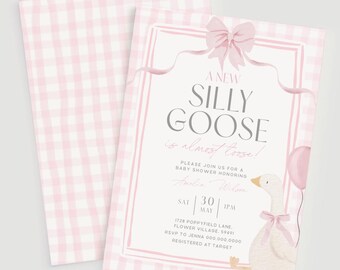 Little Goose Baby Shower Invite Girls Pink Gingham Silly Goose On The Loose Invitation Printable Coquette Bow Spring Geese Party Canva O2
