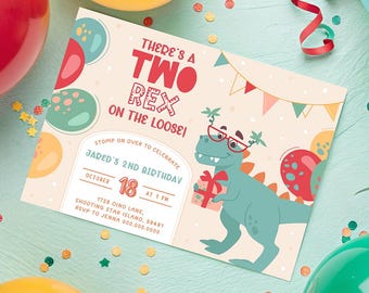 Two Rex Birthday Invitation. Dino 2nd Invite. Printable Dinosaur Boy Second Birthday. Modern Kids T-Rex Party. Editable Digital Download. D4